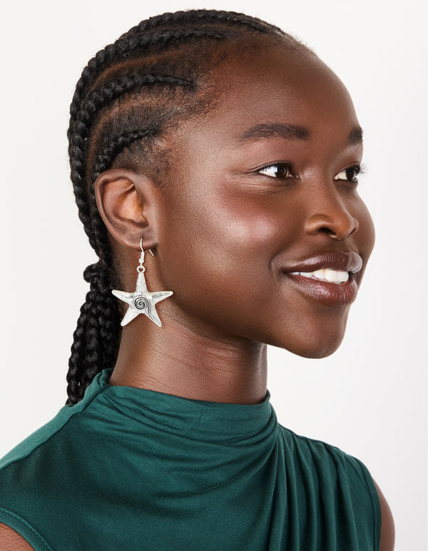Antique Silver Swirl Starfish Hook Earrings