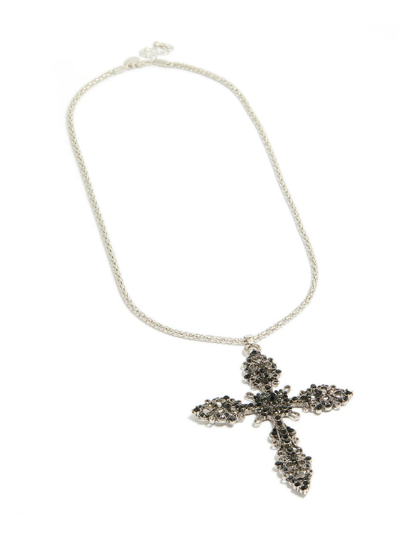 Presenting a silver necklace with black diamante cross pendant front view
