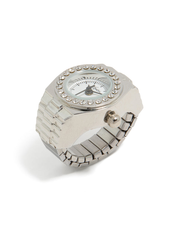 Silver Diamante Face Watch Ring