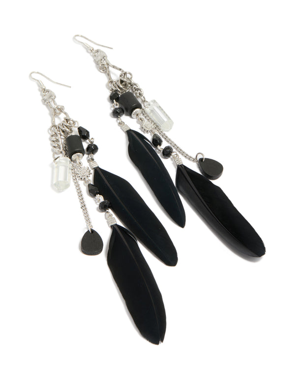 Antique Silver Black Feather & Chain Drop Earrings