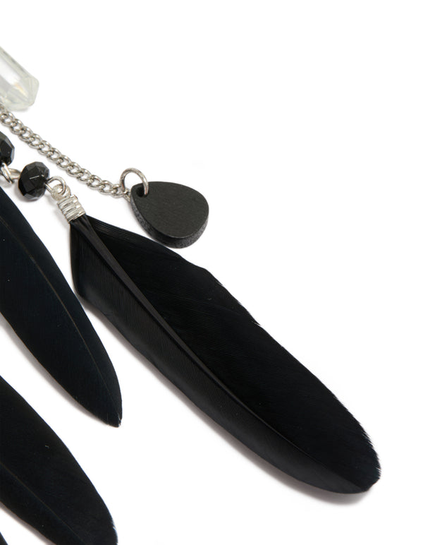 Detailed view of antique silver black feather and chain drop earrings with beads, charms accents close up view