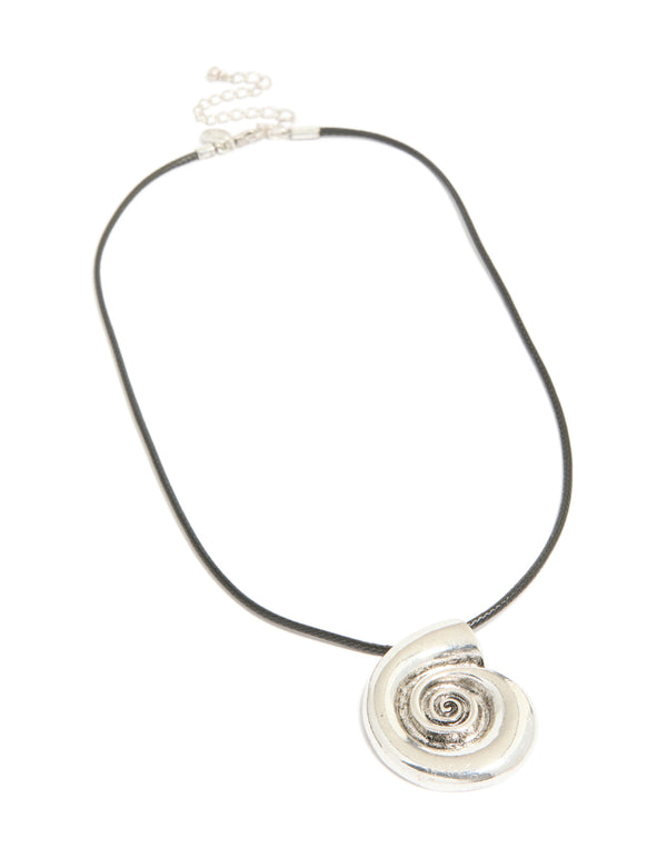 Showcasing an antique silver swirl shell pendant necklace crafted from black cord with ocean detailing front view