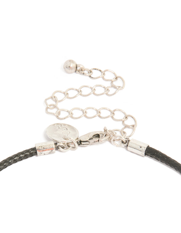 Highlighting the antique silver swirl shell pendant cord necklace clasp detail view