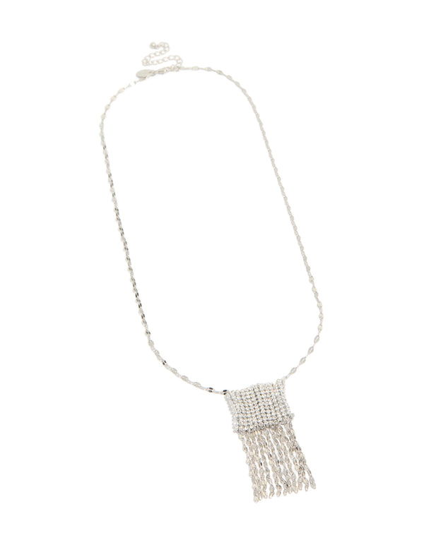 Stunning diamante bag necklace with hanging tassel in silver front view