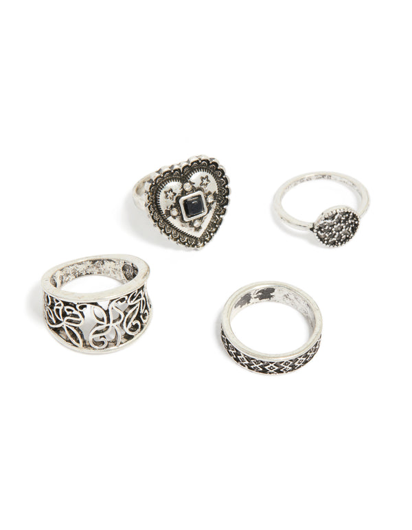 Versatile antique silver heart and textured rings in a 4-pack featuring floral details front view