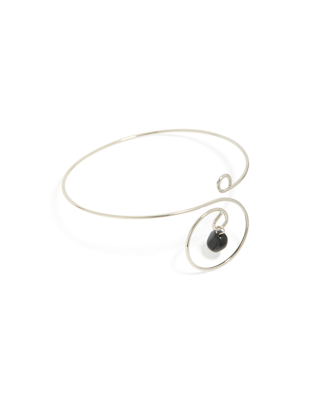 Showcasing a silver dainty swirl black semi precious stone arm cuff with beads and charm in a dainty design front view