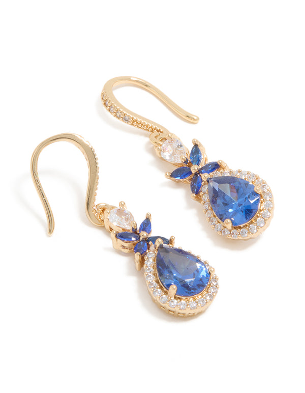 Elegant gold blue cubic zirconia flower drop earrings featuring with crystal and statement style front view