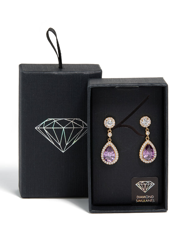 Featuring gold purple cubic zirconia double drop earrings front view