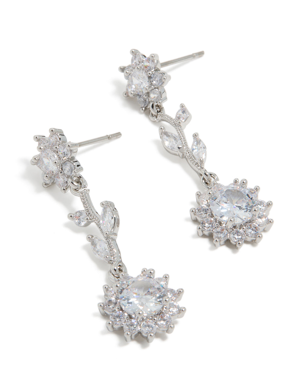 Elegant silver cubic zirconia vine floral drop earrings featuring leaf details front view
