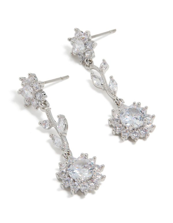 Elegant silver cubic zirconia vine floral drop earrings featuring leaf details front view