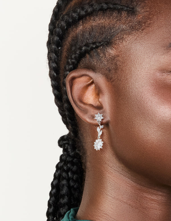 Showcasing silver cubic zirconia vine floral drop earrings with leaf accents on ear view