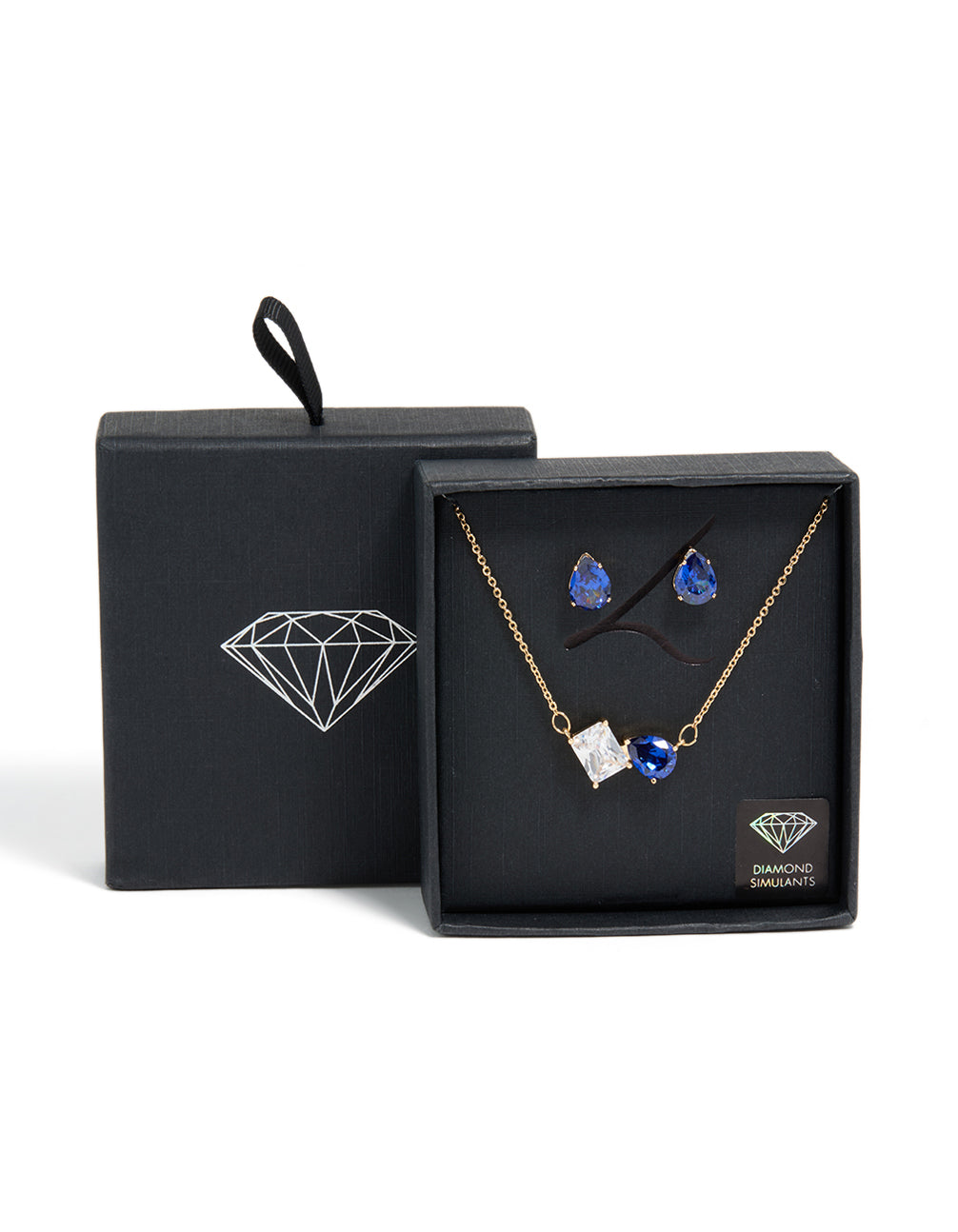 Gold Clear & Blue Cubic Zirconia Cluster Necklace & Earrings Set