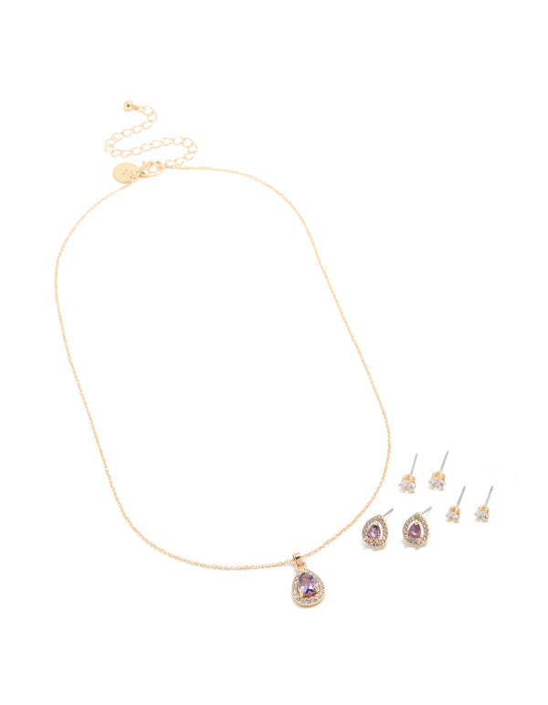 Gold Purple Cubic Zirconia Necklace & Earrings Set