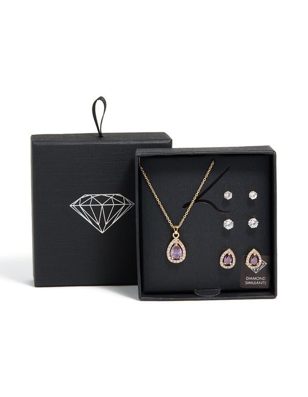 Gold Purple Cubic Zirconia Necklace & Earrings Set