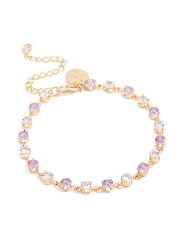 Elegant gold purple and grey cubic zirconia bracelet featuring lavender and light cyan stones front view