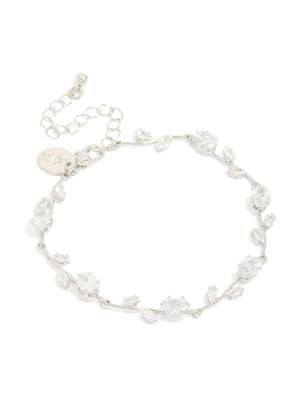 Beautifully crafted dainty bracelet featuring cubic zirconia stones in silver and clear front view