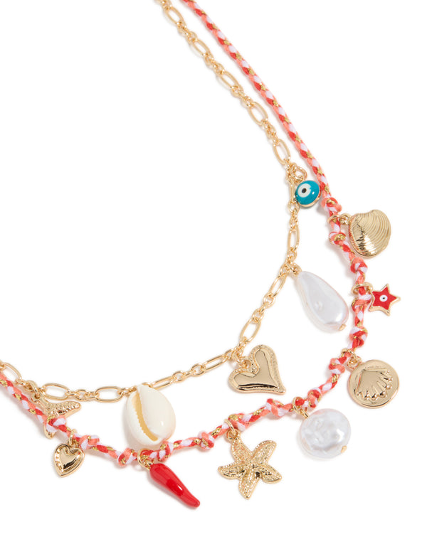Gold Shell & Evil Eye Charm Layered Necklace