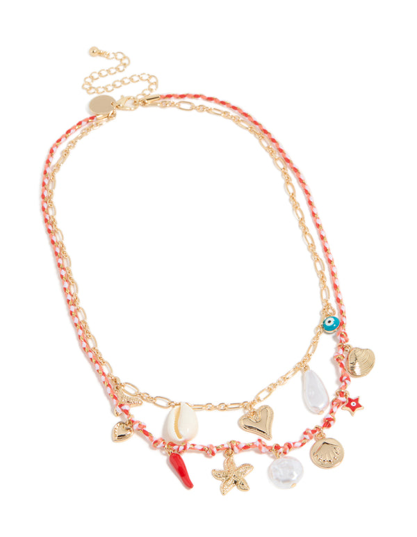 Gold Shell & Evil Eye Charm Layered Necklace
