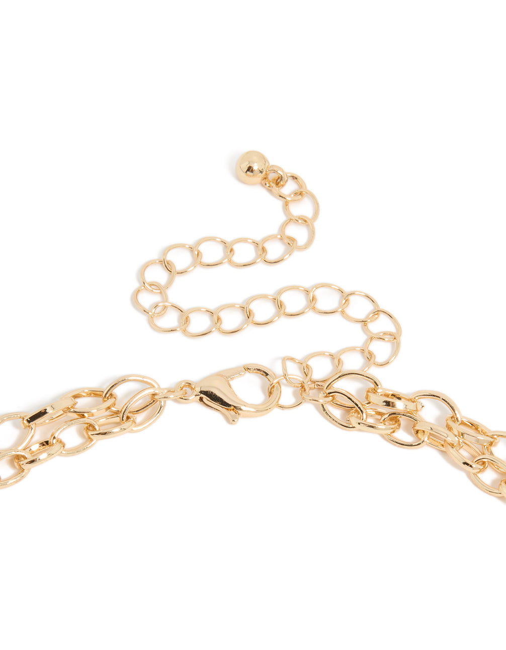 Highlighting the clasp and chain of a gold layered necklace with charms, evil-eye, heart, ocean-themed shell details, clasp detail view