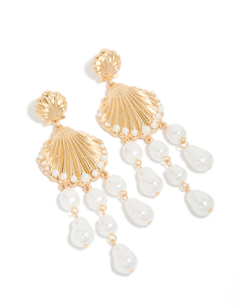 Featuring gold ribbed shell and pearls charm drop earrings with ocean theme in statement style front view