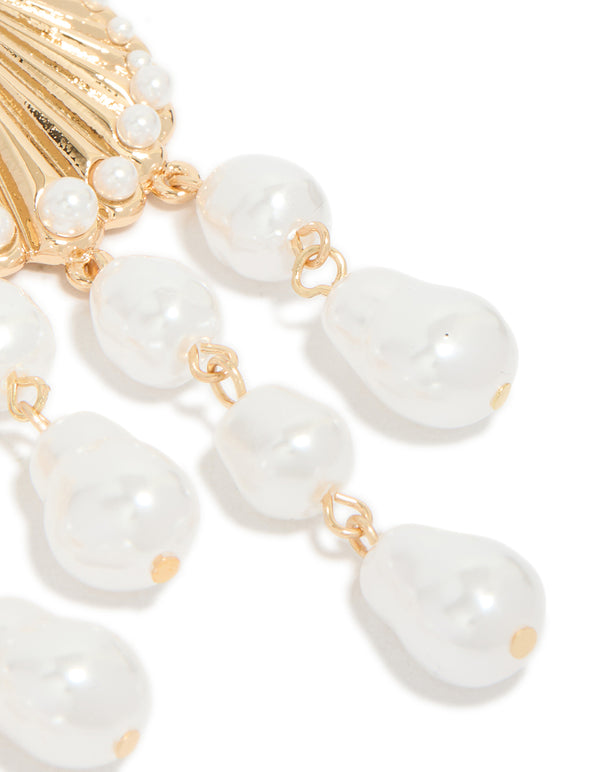Highlighting gold ribbed shell and pearls drop earrings with ocean charm in statement style post detail view