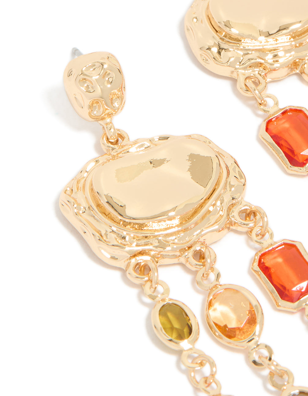 Highlighting the molten texture of statement drop earrings with charm elements in blue and green diamante close up view