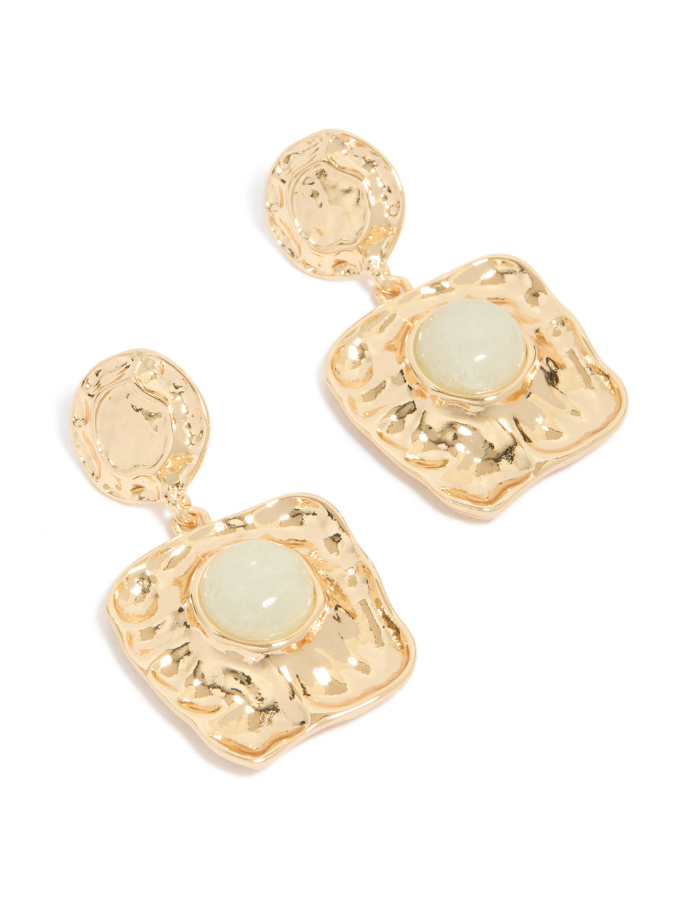 Crafted from gold with pale green stone, these statement drop earrings feature molten square design front view