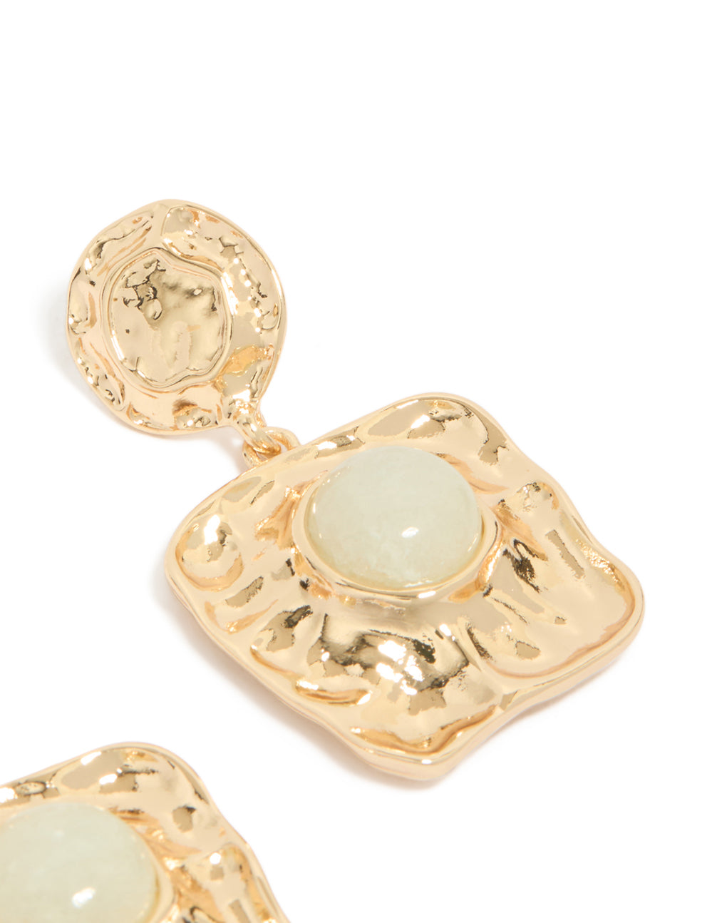 Featuring gold statement drop earrings with pale green stone and molten square design post detail view