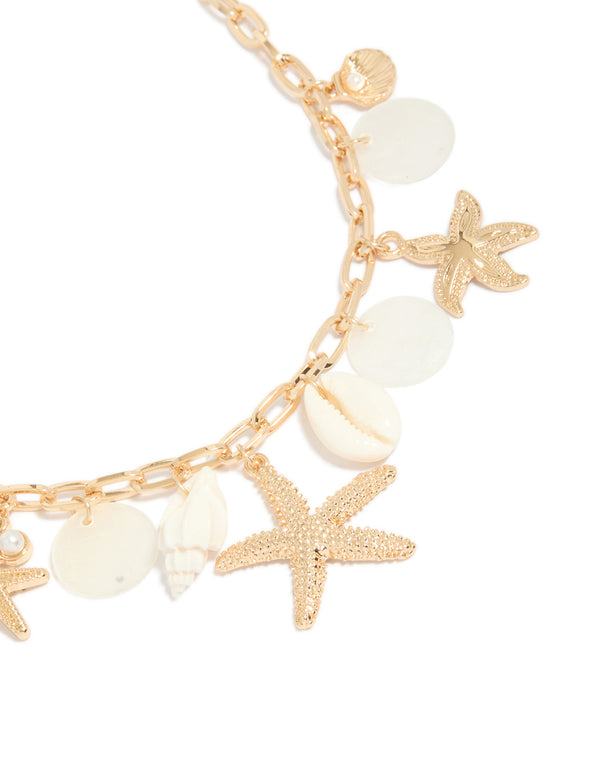 Gold Genuine Shell Disc & Beach Charm Necklace