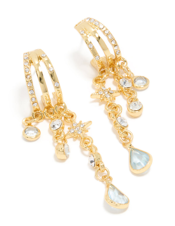 Gold & Blue Cubic Zirconia Illusion Cup Chain Earrings