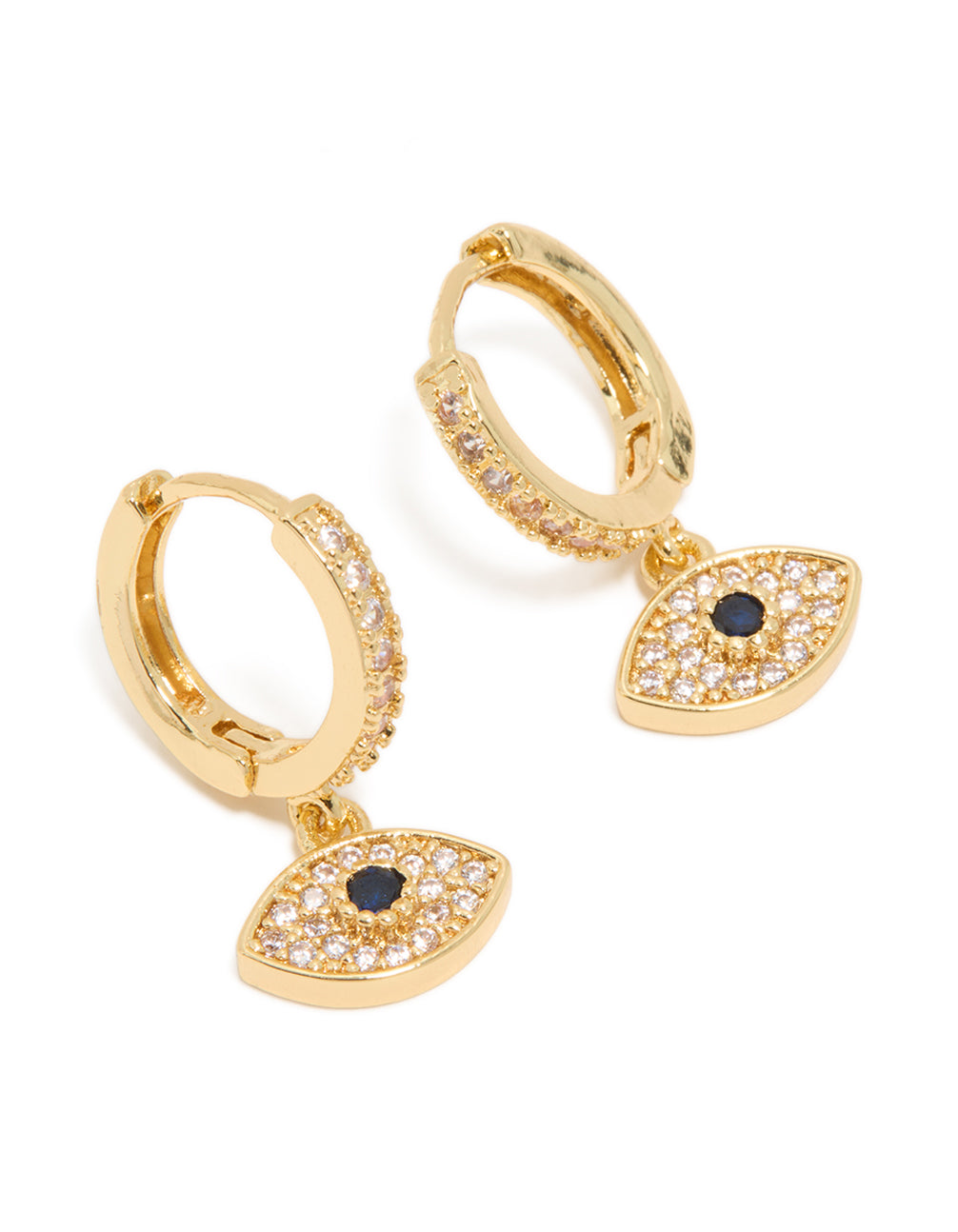 Showcasing gold-plated cubic zirconia evil eye huggie drop earrings with clear and navy stones, front view