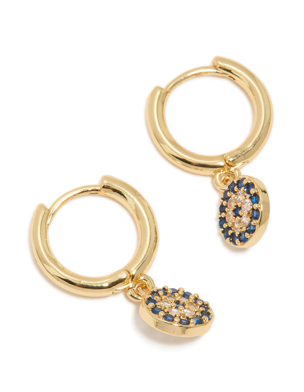 Showcasing gold plated cubic zirconia evil eye circle huggie earrings with featuring huggie closure front view