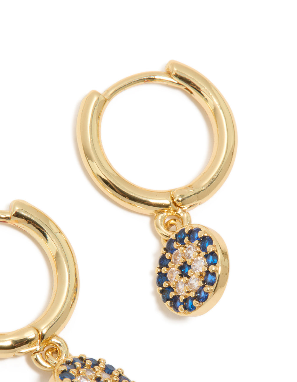 Crafted from gold plated material, cubic zirconia evil eye circle huggie earrings with hoop closure detail view
