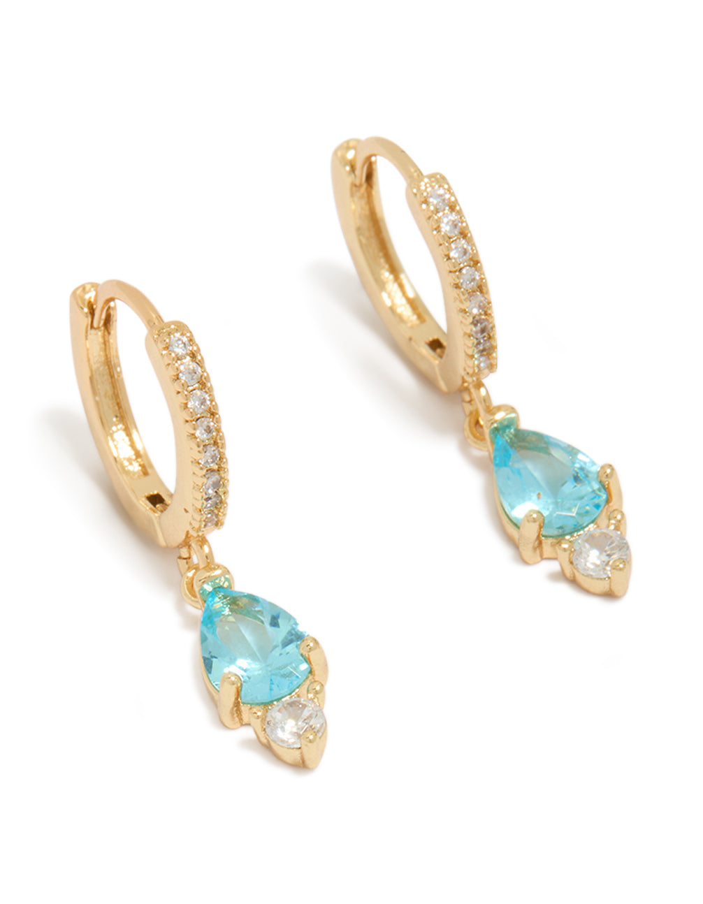 Showcasing gold plated blue cubic zirconia huggie earrings front view