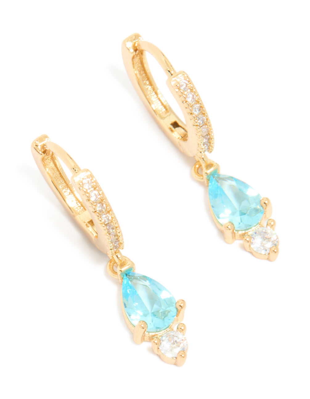 Featuring gold plated blue cubic zirconia huggie earrings close up view