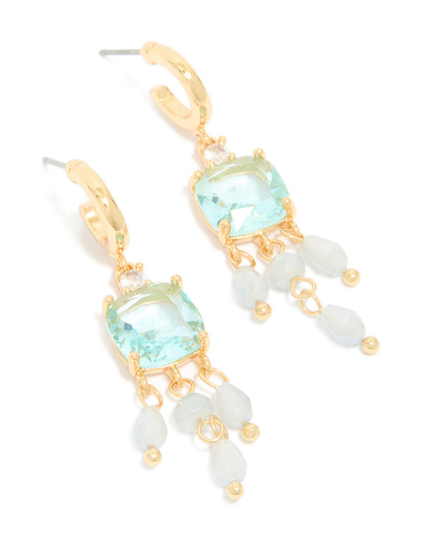 Showcasing gold plated blue cubic zirconia and stones square drop detail earrings with beads, and charm accents in a statement style front view
