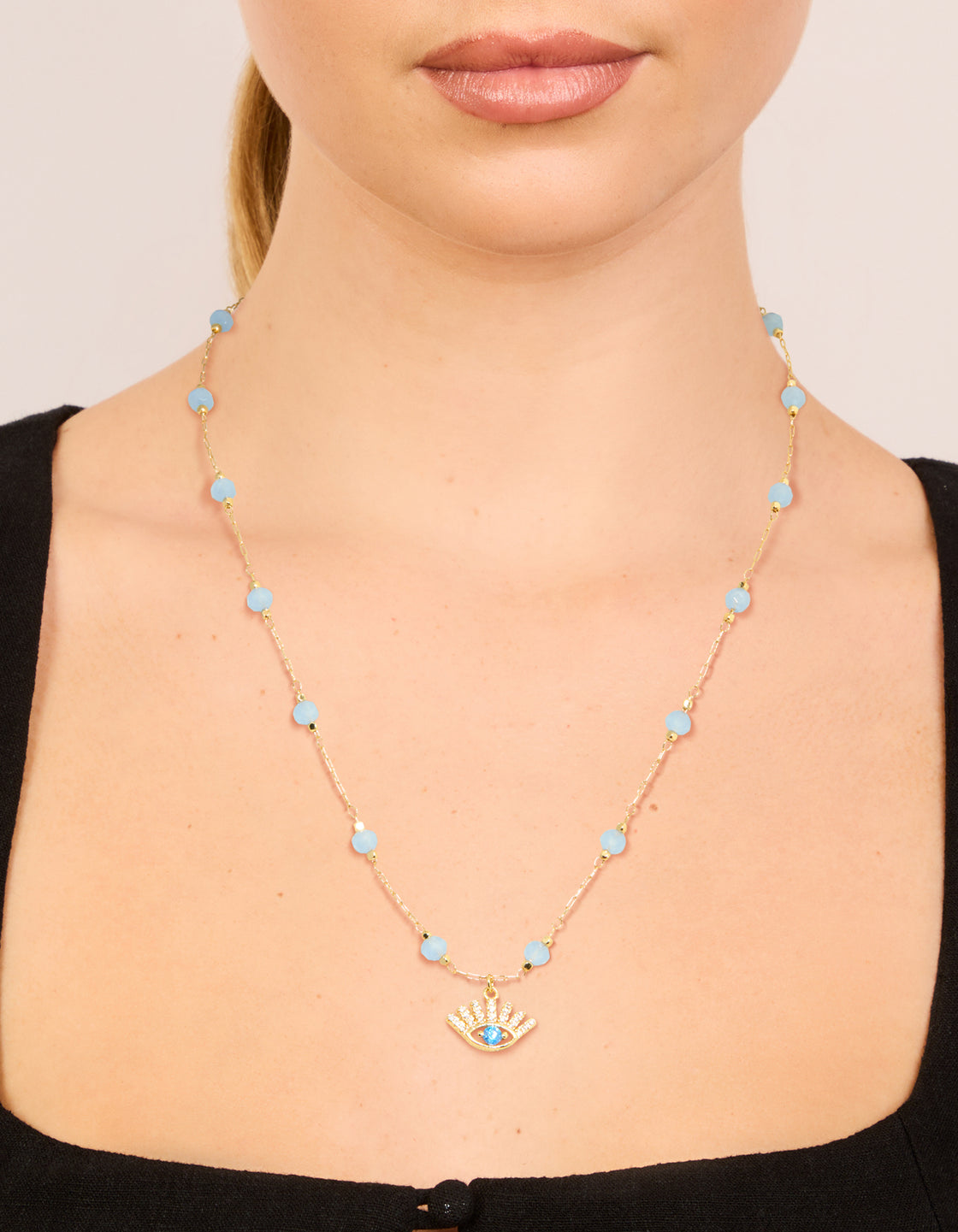 Gold Plated Blue Beaded & Evil Eye Pendant Necklace