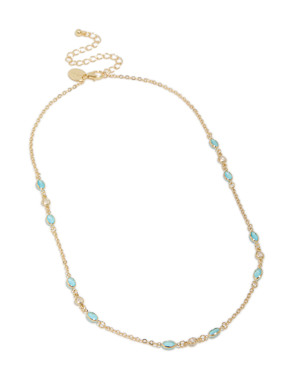 Crafted from gold plated material, this blue cubic zirconia oval stone necklace front view