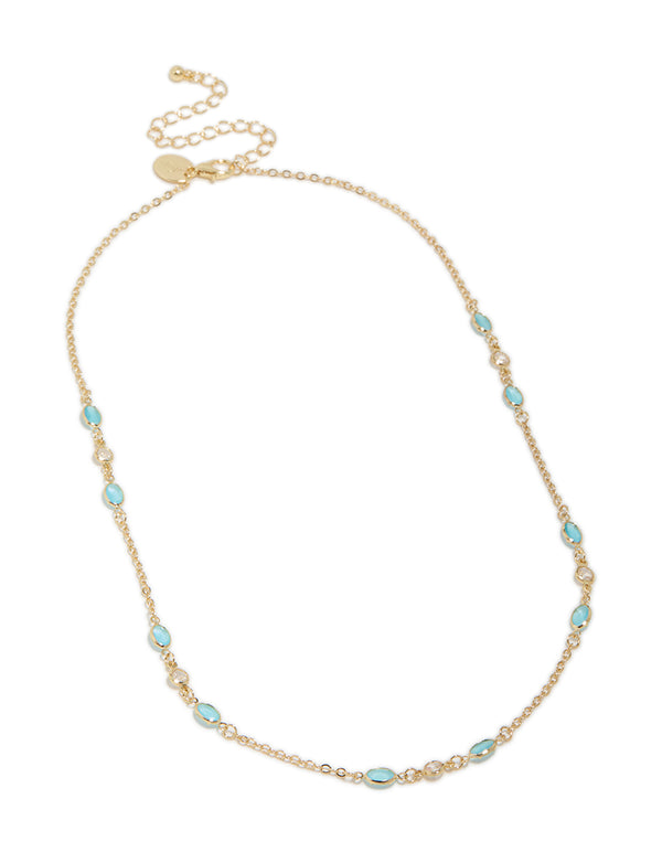 Crafted from gold plated material, this blue cubic zirconia oval stone necklace front view