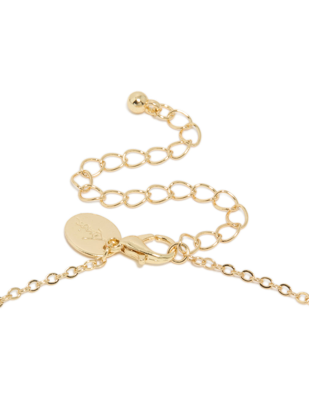 Highlighting the gold plated blue cubic zirconia oval stone necklace clasp detail view