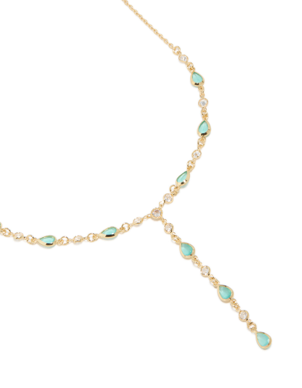 Showcasing a charm Y-necklace crafted from gold plated materials with blue cubic zirconia stones close up view