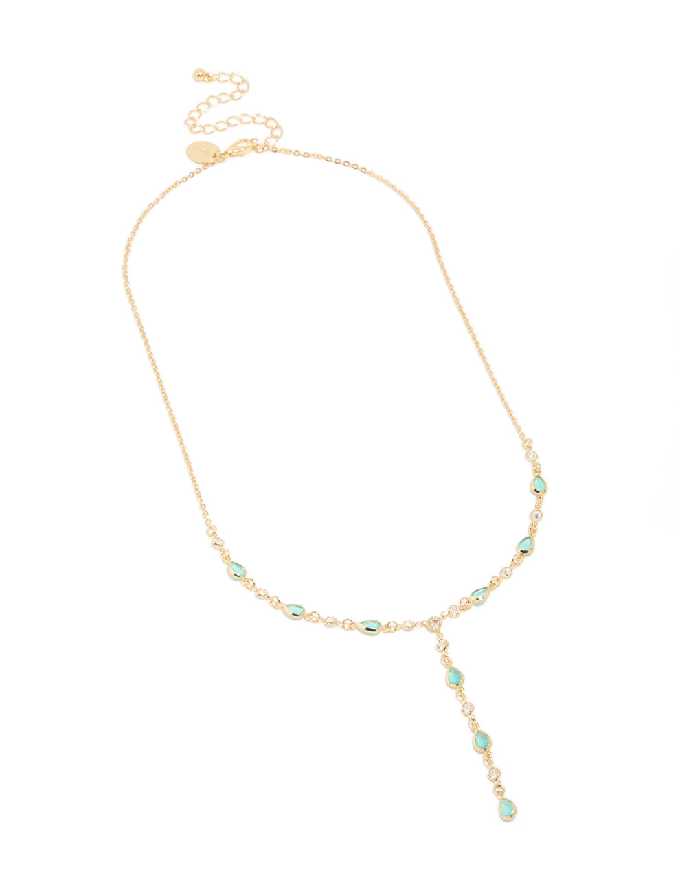 Featuring a charm Y-necklace with gold plated finish and blue cubic zirconia stones front view