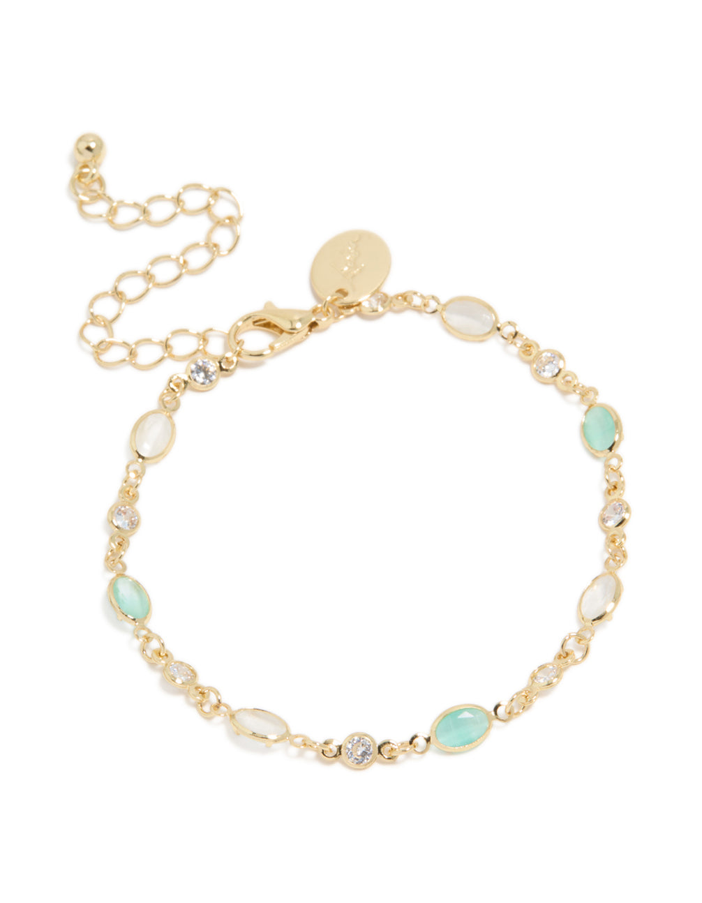 Exquisite gold plated bracelet featuring clear and blue cubic zirconia in oval stone front view