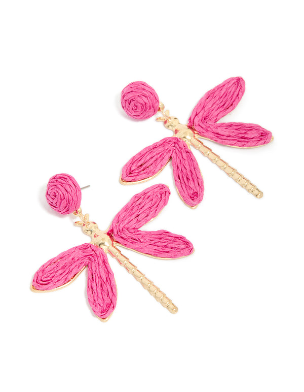 Showcasing gold hot pink raffia dragonfly drop earrings with animal motif in front view