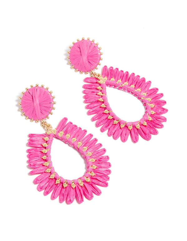 Gold Hot Pink Raffia Oval Drop Earrings