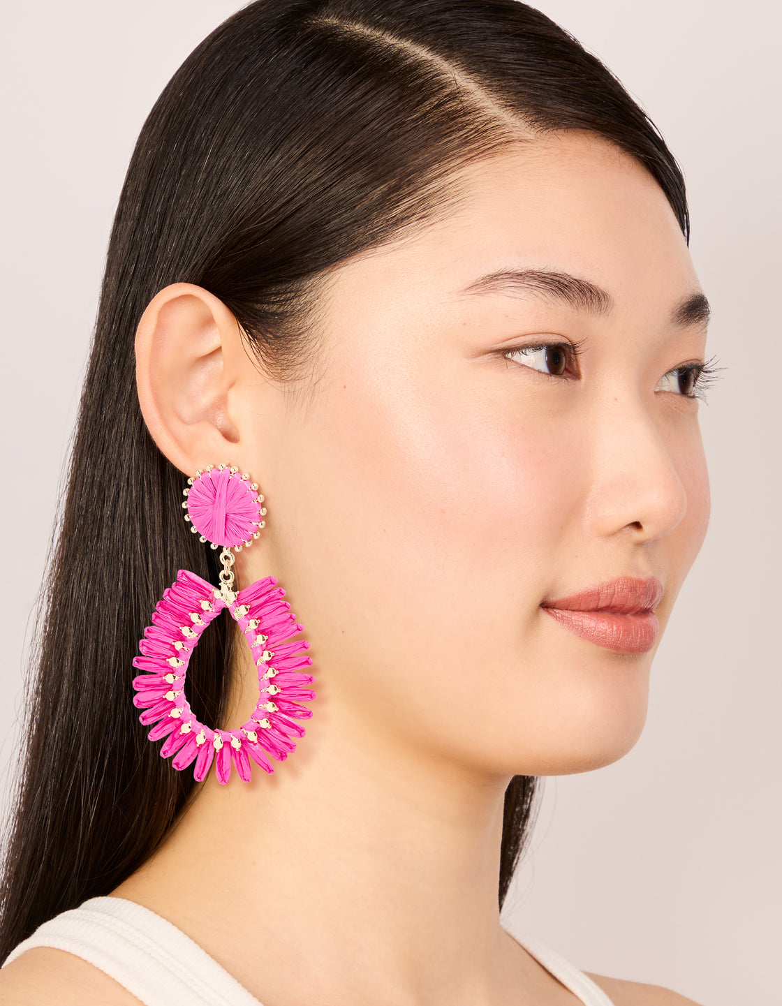Gold Hot Pink Raffia Oval Drop Earrings
