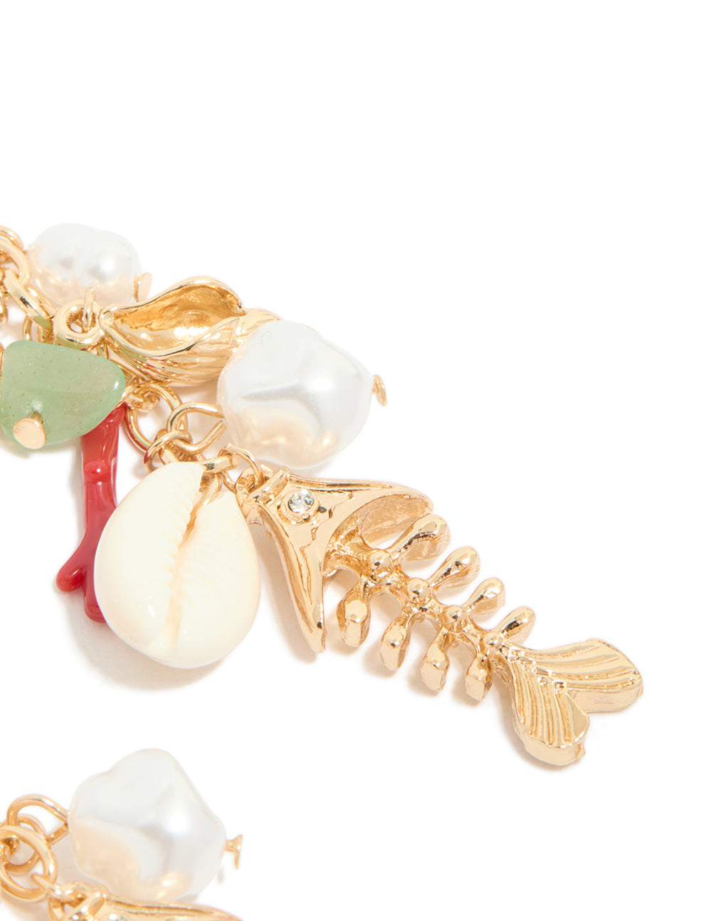 Crafted from gold metal, these fish drop earrings feature ocean animal charms with shell, pearl, and bead details in coral and mint cream with a post detail view