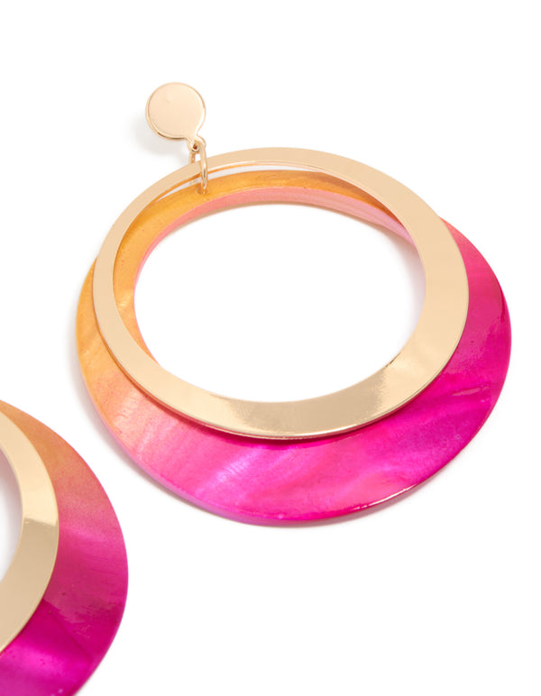 Highlighting gold two tone pink shell open disc drop earrings with ocean details in a post detail view