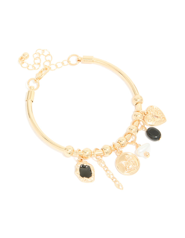 Displaying a gold heart and black stone charm bracelet featuring balls, coin and pearl details front view