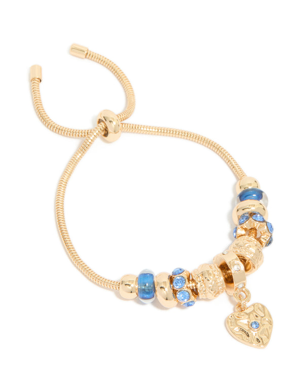 Gold Blue Diamante & Molten Heart Charm Toggle Bracelet